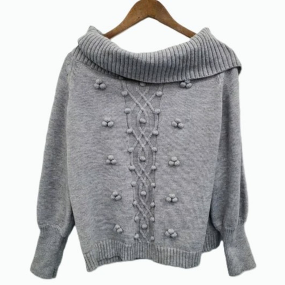 Womens 1X Gray Knit‎ Bobble Sweater Pullover Off Shoulder Slouchy Collar Winter
